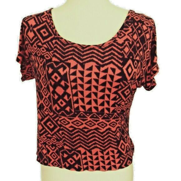 Hi Low Asymmetrical Black Orange Geometric Print Crop Shirt Blouse Top MED Cozy - Picture 3 of 7